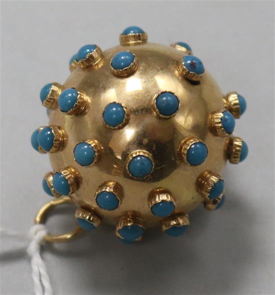 A cabochon turquoise set gold sphere pendant, 28mm.